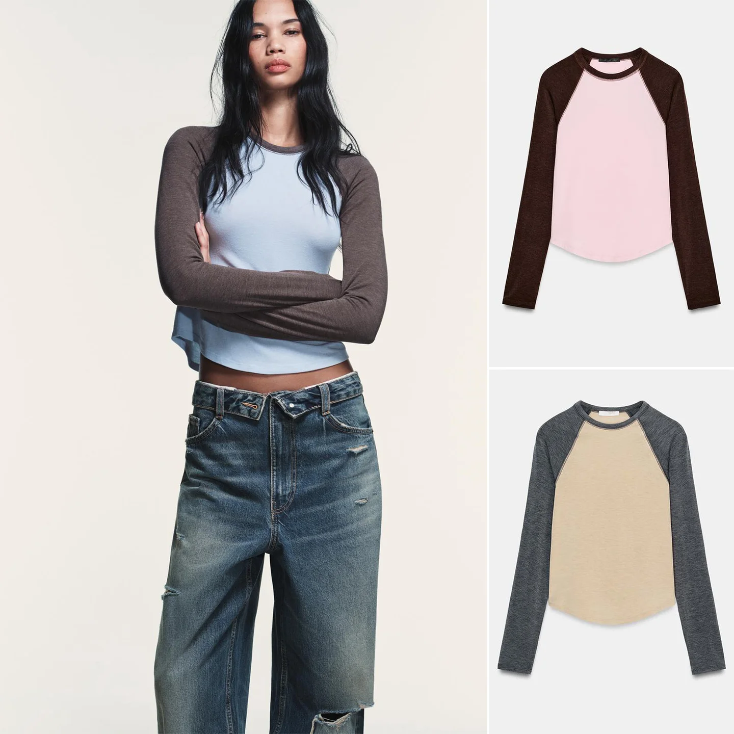 Spring New Women's Slim Fit round Neck Long Sleeve T-Shirt Color Block Shoulder Insertion Polyester Fiber Commute Style 5039315