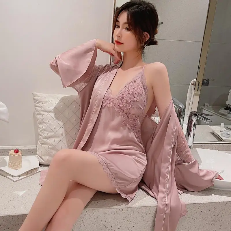 Summer Female 2PCS Bathrobe Gown Set Lace Hollow Out Nightgown Sleepwear Robe Nightwear Women Satin Kimono Sleep Suit Loungewear