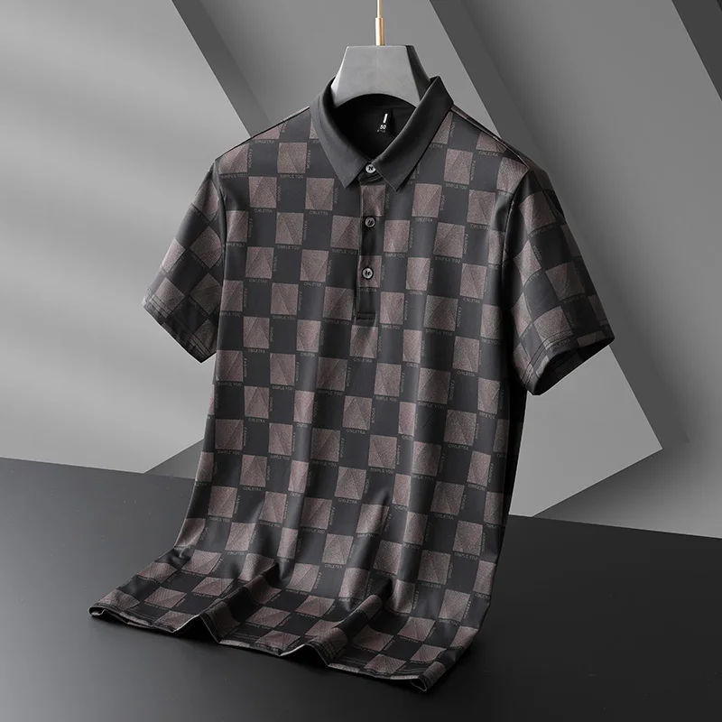 Plaid Printed Fashion Business Polo Shirt Men's 2024 Summer Thin Breathable Trendy Lapel Casual T-shirt