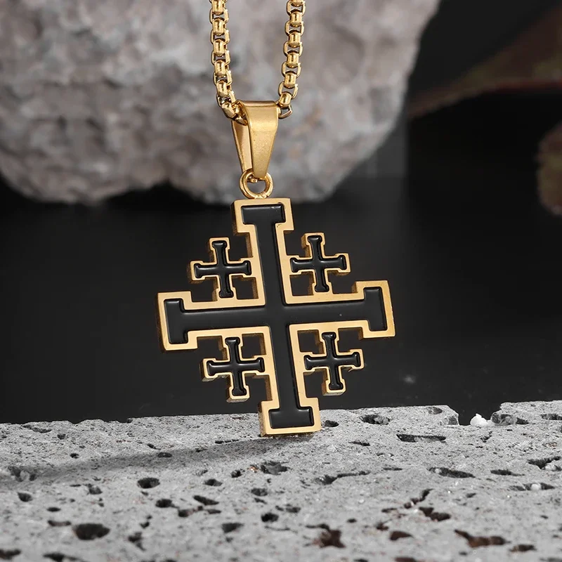 Stainless Steel Jerusalem Crusader Cross Necklace Men's Medieval Religious Statement Jewelry