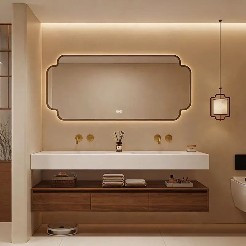 Retro bathroom cabinet combination solid wood rock slab hot bending integrated basin toilet washstand
