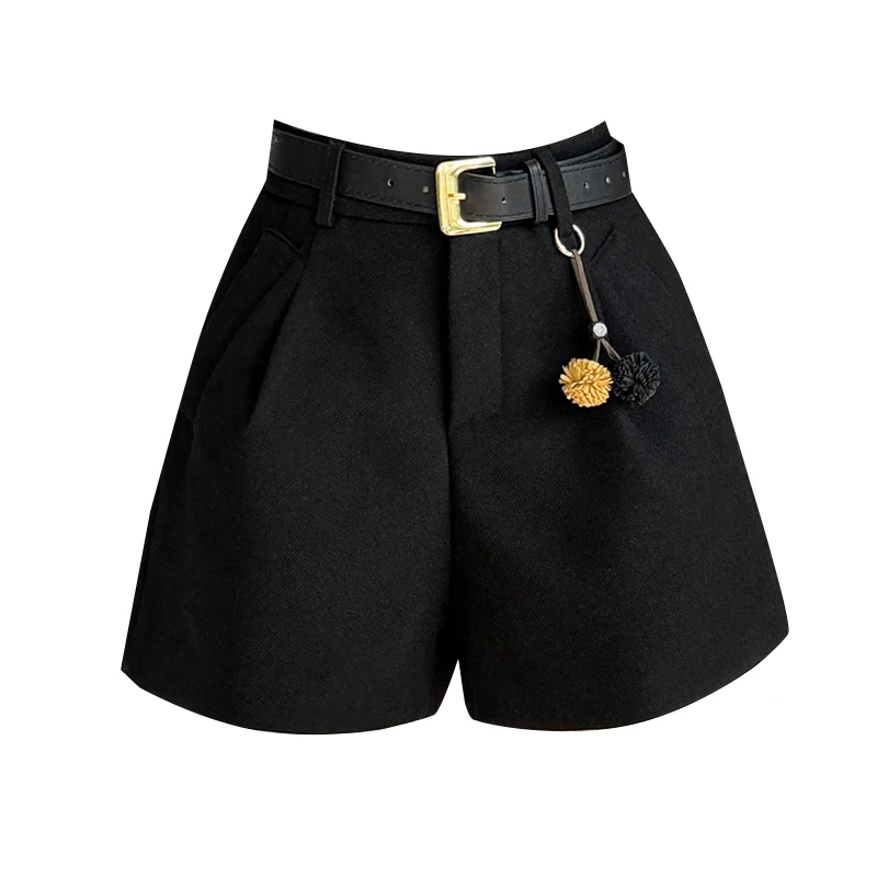 Seoulish High Waist Autumn Winter Woolen Women's A-line Shorts with Belted Korean Solid Casual Wide Leg Short Pants Female
