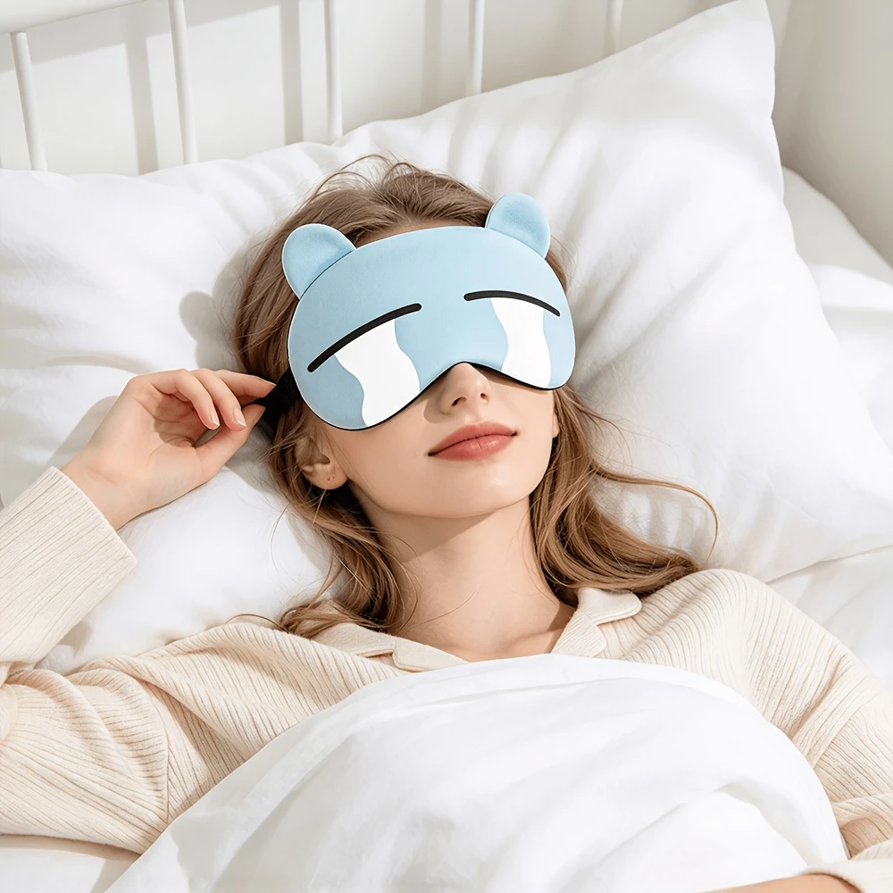Sky Blue Crying Cat Ear Sleep Eye Mask Cute Cartoon Funny Print Light Blocking Shade Soft Breathable Nap Meditation Cover