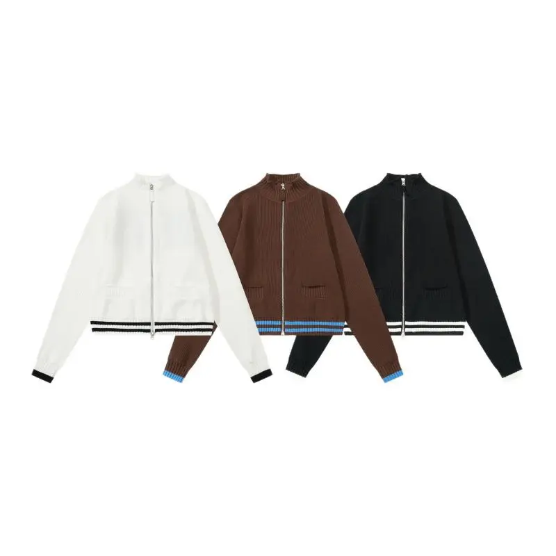 Matin Kim Back Logo Jacquard Knit Zip Up Cropped Stand Collar Unisex Jacket