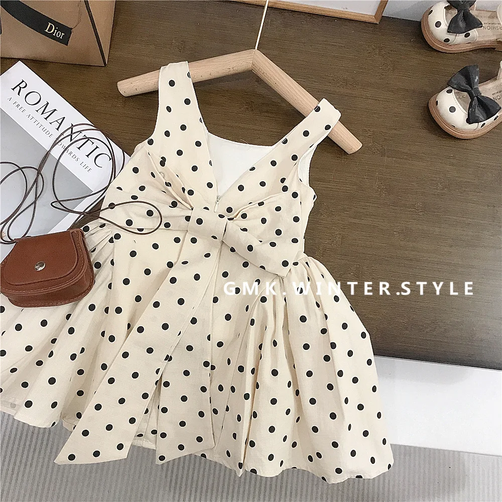 

Girls Sleeveless Polka Dot Dress 2025 Summer New Children Vest Dress Baby Bow Princess Cotton Dress