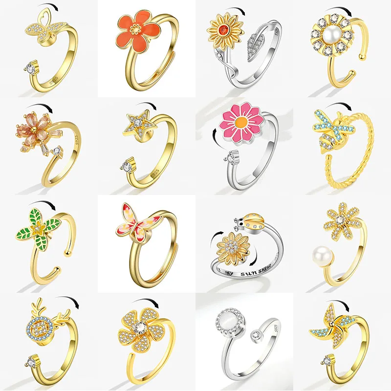 Фото Модное кольцо-спиннер для женщин, кристалл подсолнечника, ветряная мельница, кольцо с изображением пчелы, антистрессовые украшения для девочек, свадебные подарки