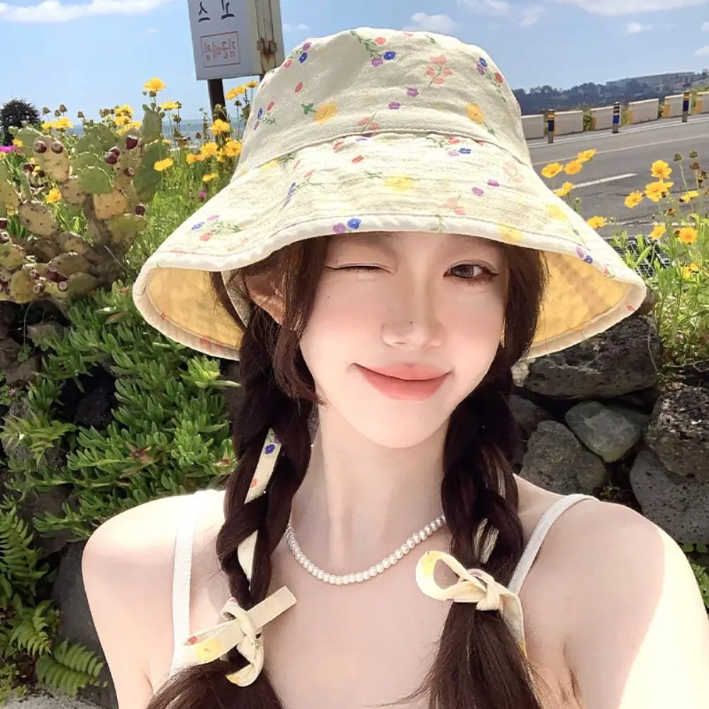 

Floral Print Panama Bucket Hats Reversible Double Sided Women Fisherman Hat Sun Protection Cute Sweet Summer Sun Hats