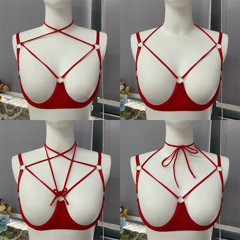 Aduloty Women Lingerie Fashion Bra Straps Cross Hanging Neck Sexy Mesh Half Skirt Hollow Perspective Out Erotic Underwear Set