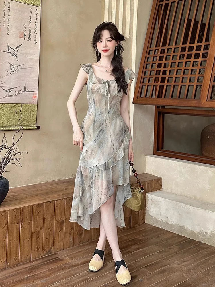 Vestido de Gasa con Estampado Floral de Verano, Cuello Cuad, Cintura Alta, Estilo Coreano, Vestido Largo para Mujer