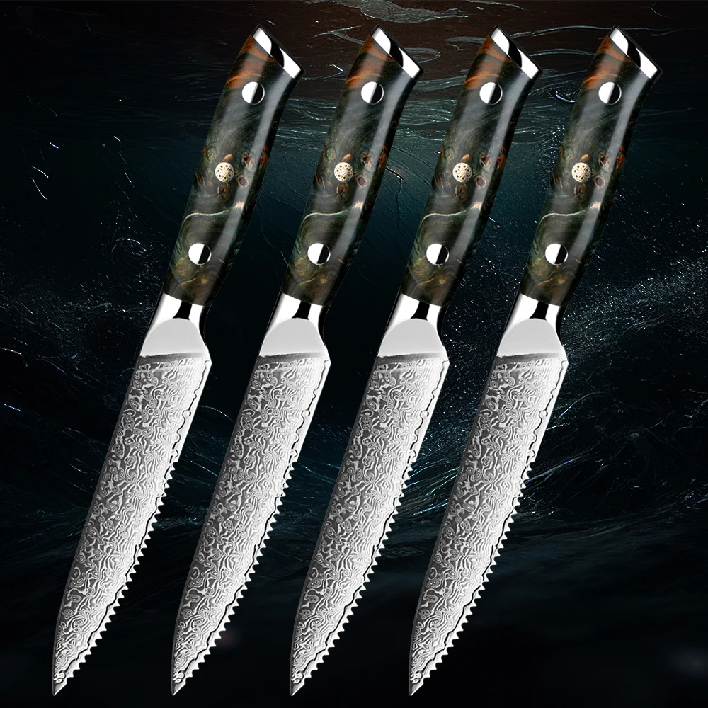 

Ultra Sharp Kitchen Dinner Knife 5 Inch Premium Damascus Steel 1-4 Pcs Steak Knife Straight Edge Blade Triple Rivet Steak Knife