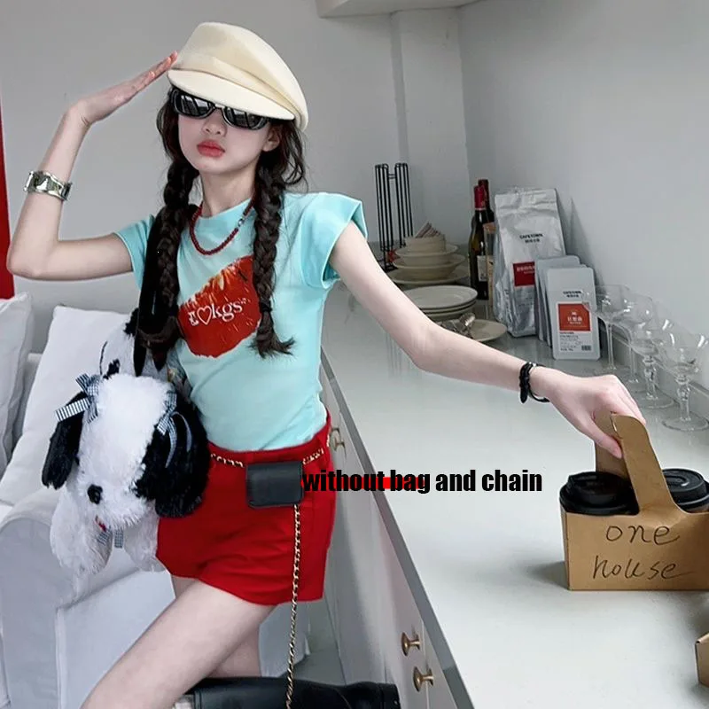 2026 NEW Summer Teenager Girls Cloth Bright Color Short T-Shirt Top and Red Bottom Hot Pant Children Set 4 6 7 8 9 10 11 12 Year