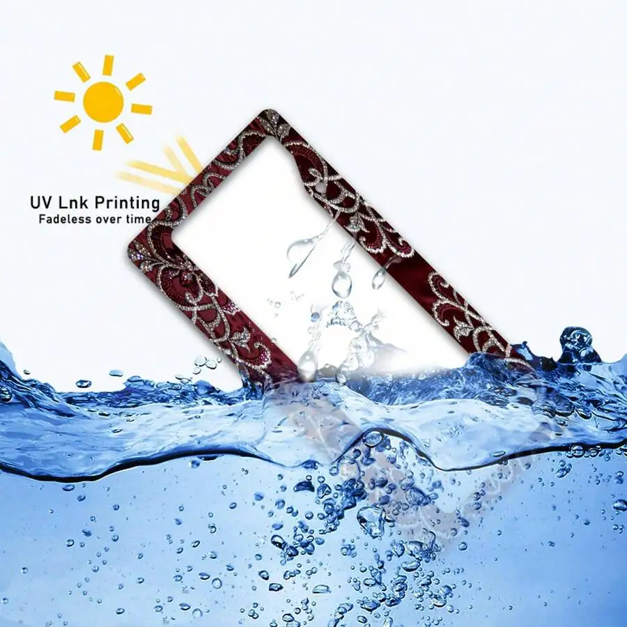 1pc Metal License Plate Frame, Decorated With Dark Red Fabric, Exquisite Embroidered Patterns, Suitable For North American And