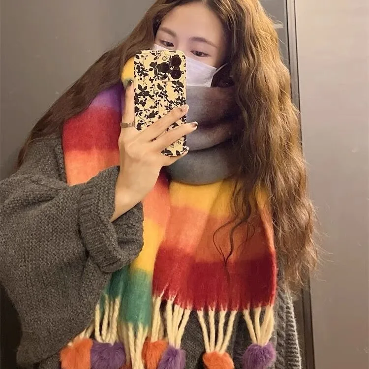 Christmas colorful striped hairball thermal scarf Women's winter sweet outdoor thickened couple bib shawl