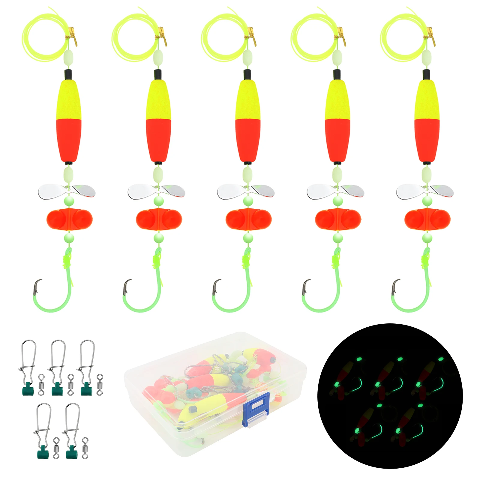 5 piezas de anzuelos de pesca luminosos 6/0, kits listos para usar de aparejos flotantes para pesca de bagre, aparejos Santee para pesca de bagre con cuentas de sonajero