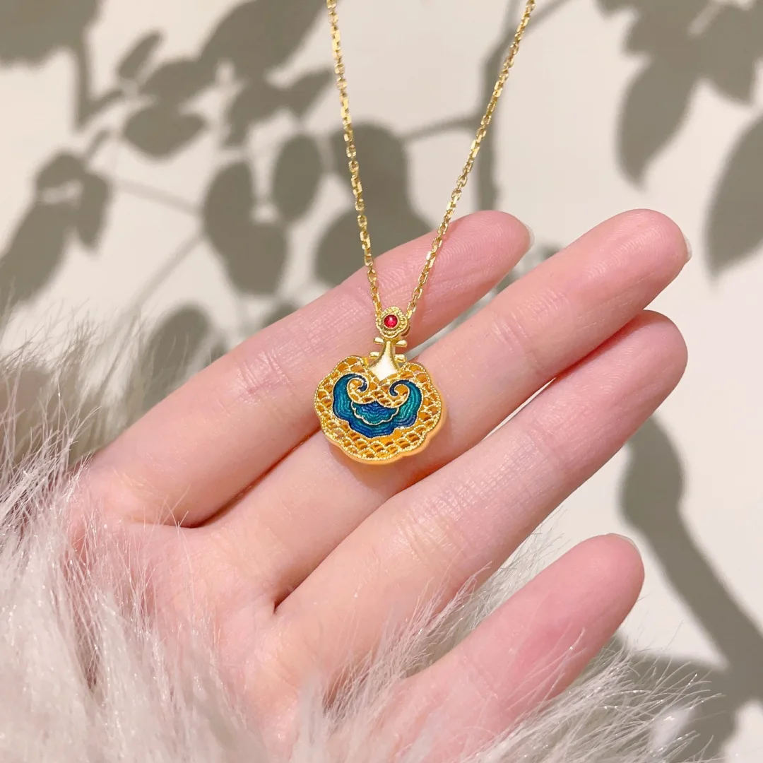 Classical auspicious cloud pendant necklace light luxury palace style enamel blue Ruyi Lock pendant collar chain wedding jewelry
