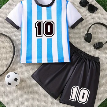 Children Boy Football Clothes Set Girl Blue White Stripe T-Shirts And Shorts 2pcs Suit Teenage 10 Printed Top Bottom Tracksuits