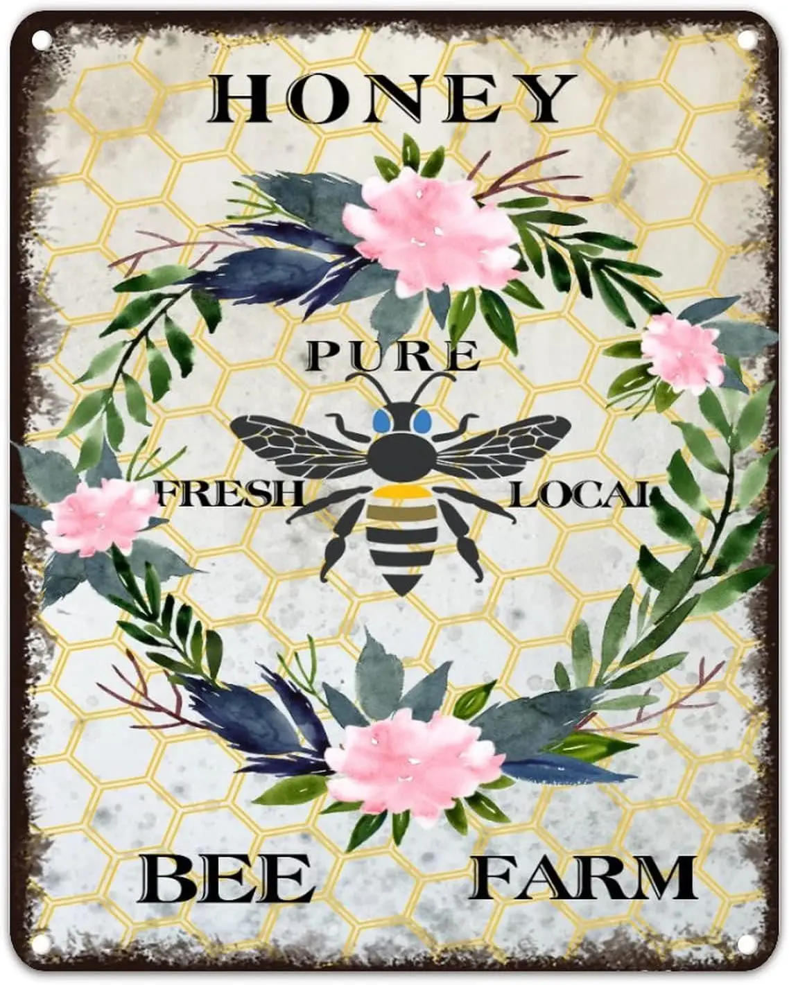 Honey Bee Farm Metal Sign and Willow Tin  Easy to Mount Rust-Proof Antique Iron Painting for Home Man Cave Garage