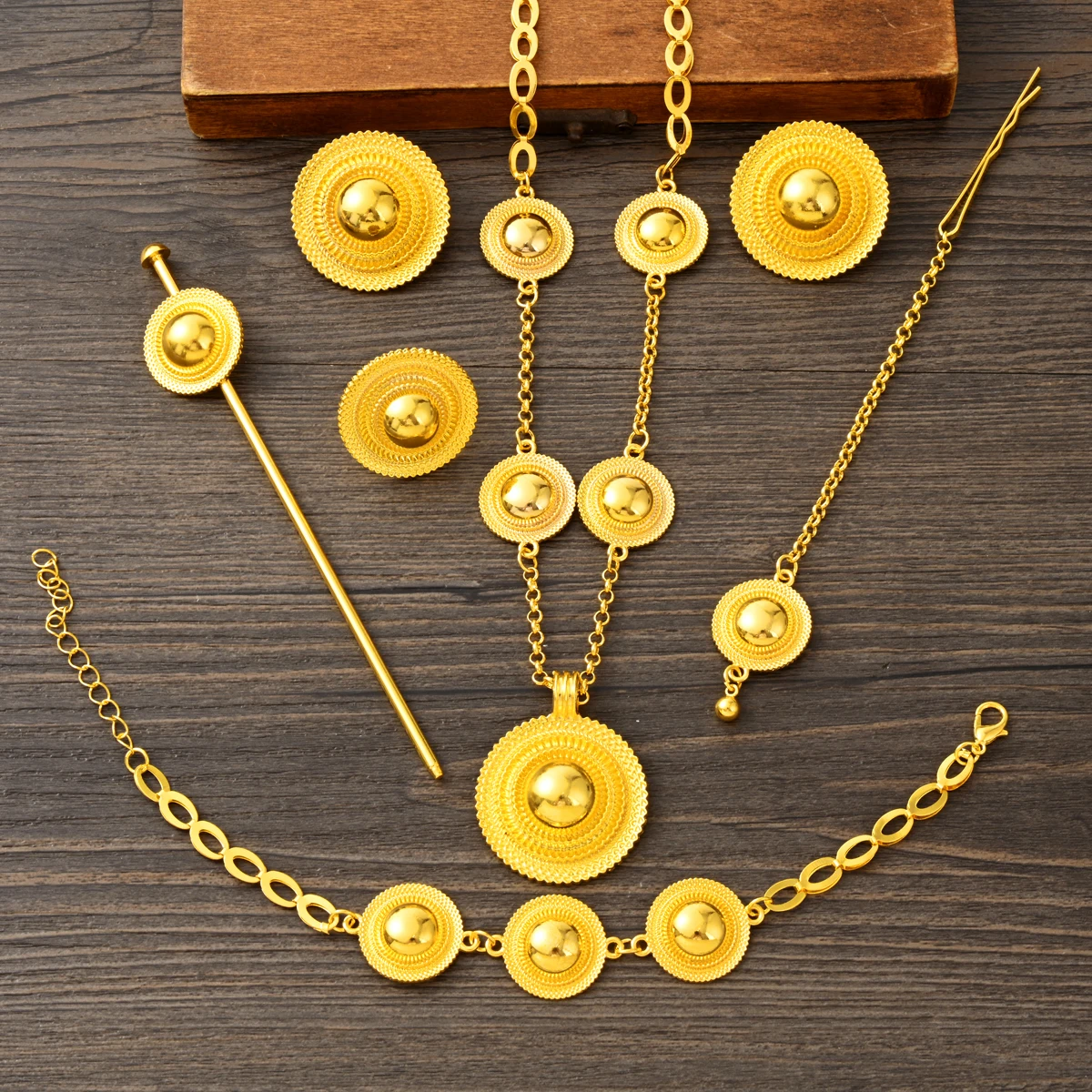 6PCS NEW Simple Golden Color Ethiopian Jewelry Set Pendant Earrings Ring Head Chain Bracelet Set African Eritrean Wedding Gift