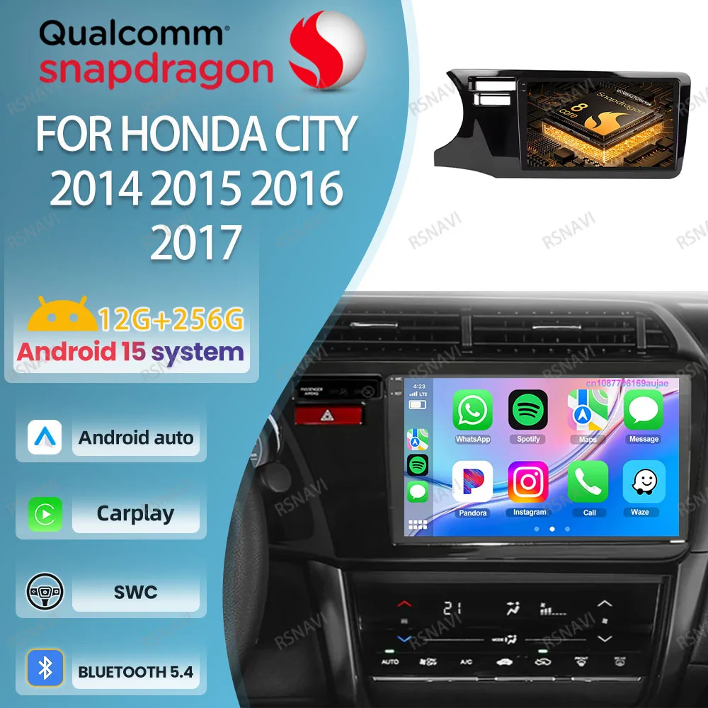 

Android 15 Car Radio For Honda City 2014 2015 - 2017 AI Voice 2DIN WIFI+4G RDS Wireless Systems QLED 9/10 Inch Autoradio 8 Core