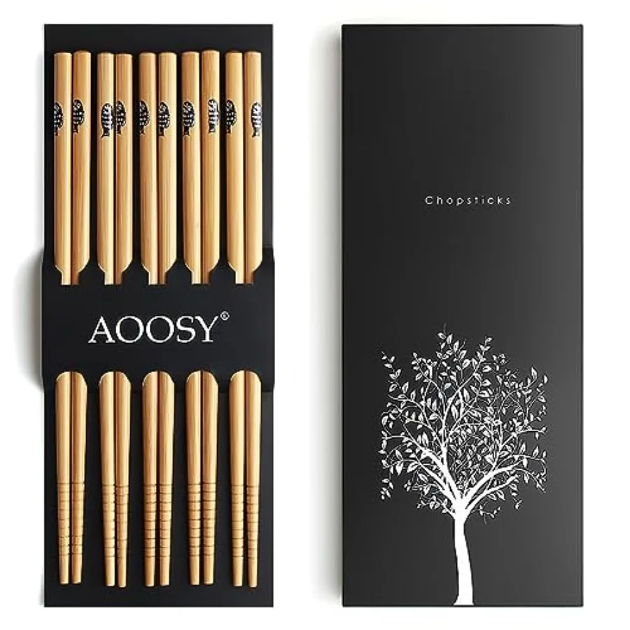 5-Pair Reusable Bamboo Chopsticks, Classic Japanese Style Chop Sticks for Gift Set, Dishwasher Safe, Hand-Carved 8.8 Inch/22.5c