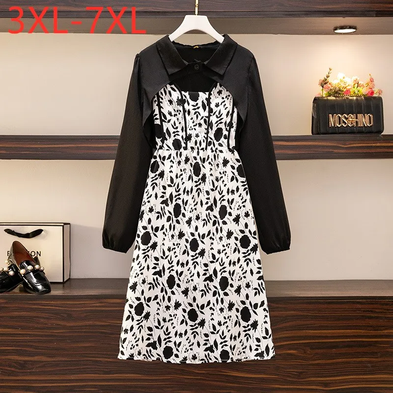 New 2022 Spring Autumn Plus Size Dresses For Women Large Loose Long Sleeve Floral Print Dress Two Piece Set 3XL 4XL 5XL 6XL 7XL