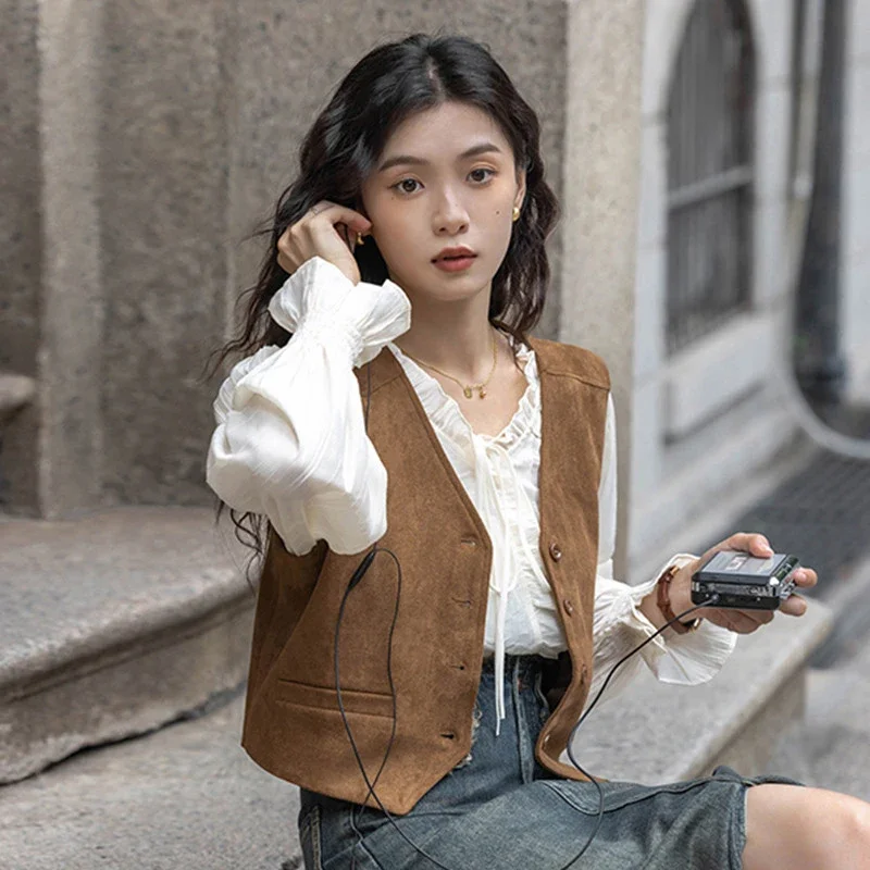 

Korean Retro Women Vest Spring V-Neck Single Breasted Casual Sleeveless Jacket Y2K Elegant Office Lady Crop Cardigan Tank New