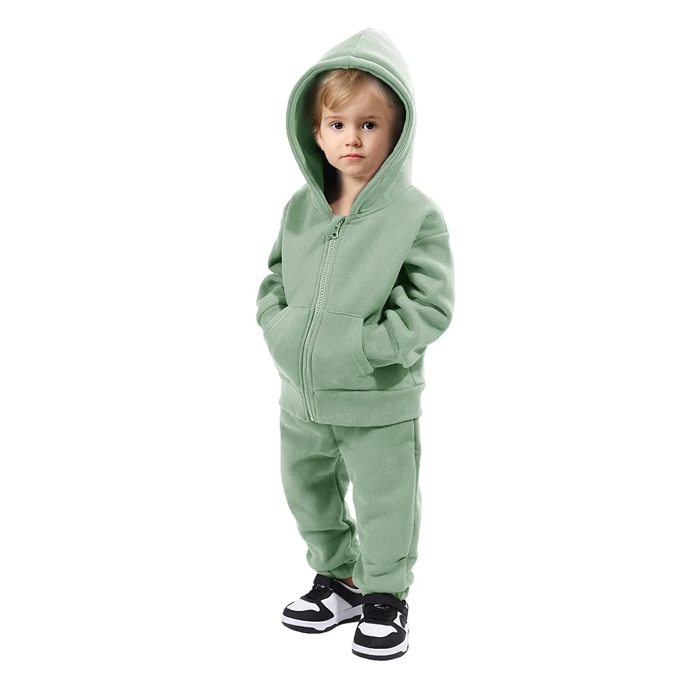 Children Hooded Tracksuits Suits Toddler Boys Girls Clothing Solid Plush Autumn Winter Sweatshirt Jacket Coats Sports Pants Set