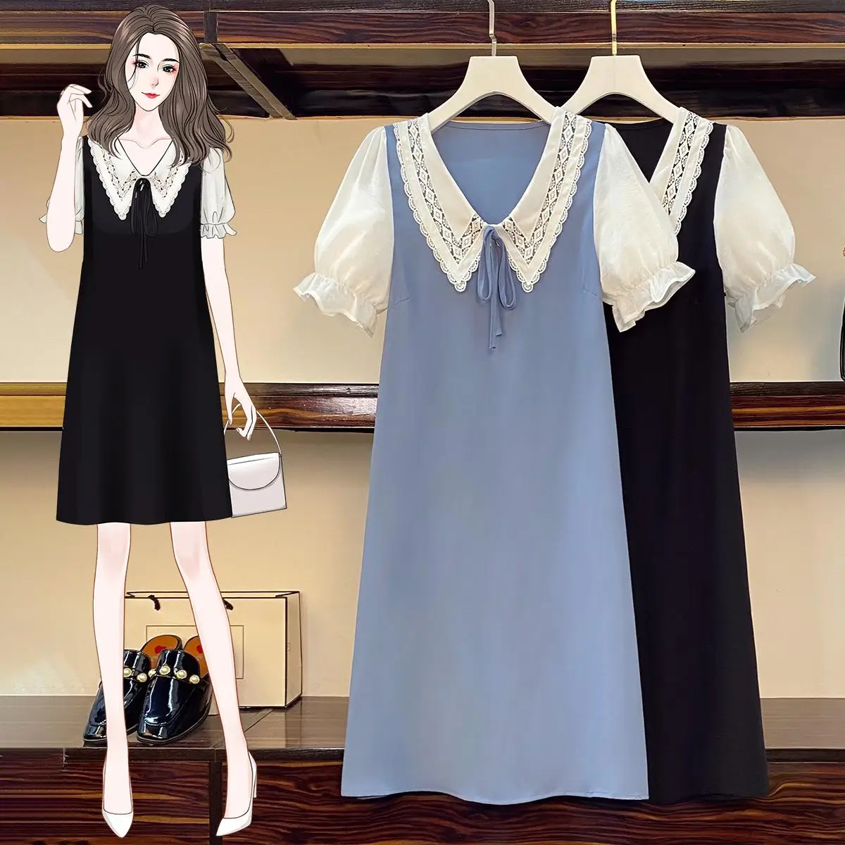 Women Chiffon T-shirt Dresses Summer Female V Neck Short Puff Sleeve Large Size Elegant Black Blue A Line Knee-length Vestidos