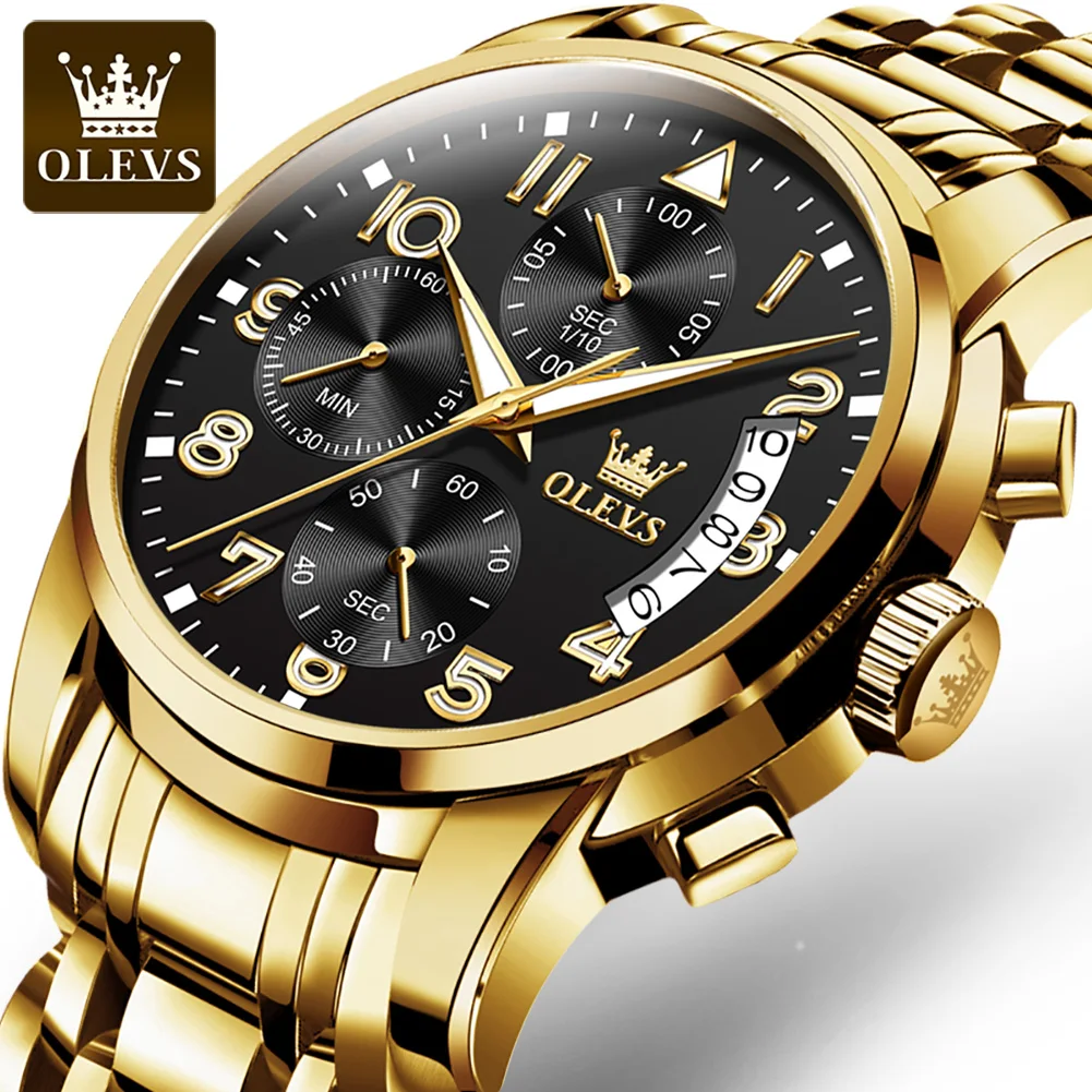 

OLEVS Gold Quartz Watch for Men Stainless Steel Waterproof Multifunctional Chronograph Business Mens Watches Relogio Masculino