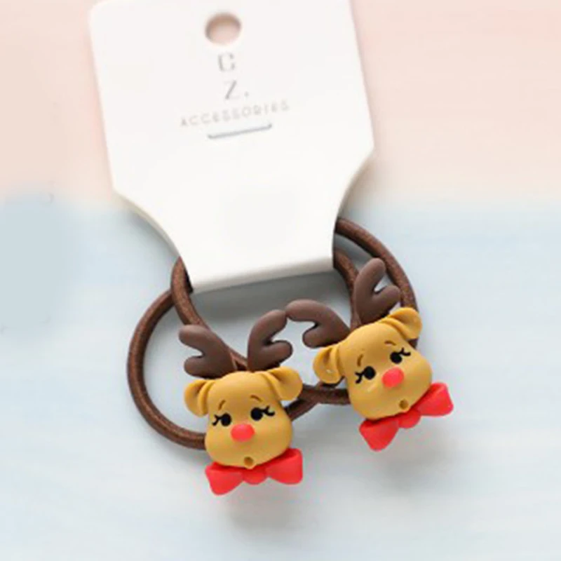 2PCS Cartoon Christmas Elk Elastic Hair Bands Girls Rubber Band Kids Cute Ponytail Holder Tie Hair Hair Accessories Hair Rings