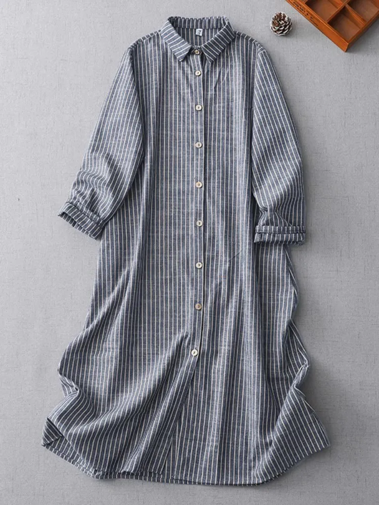 

Literary Vintage Stripe Yarn Dyed Women Shirt Dress 2025 New Autumn Casual Loose Long Sleeve Buttons Office Lady Midi Dresses