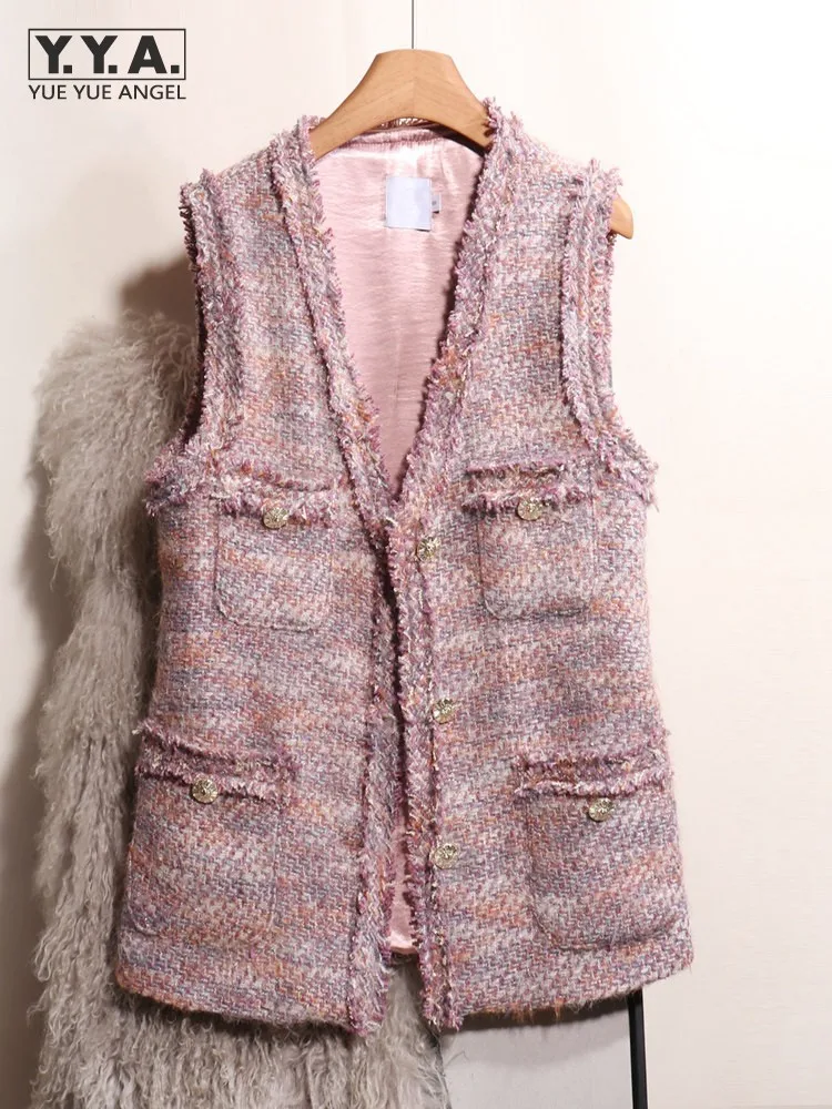Autumn Winter Office Ladies Tweed Vest V-Neck Weave Spliced Multi Pockets Sleeveless Jacket Fashion Womens Loose Fit Waistcoat