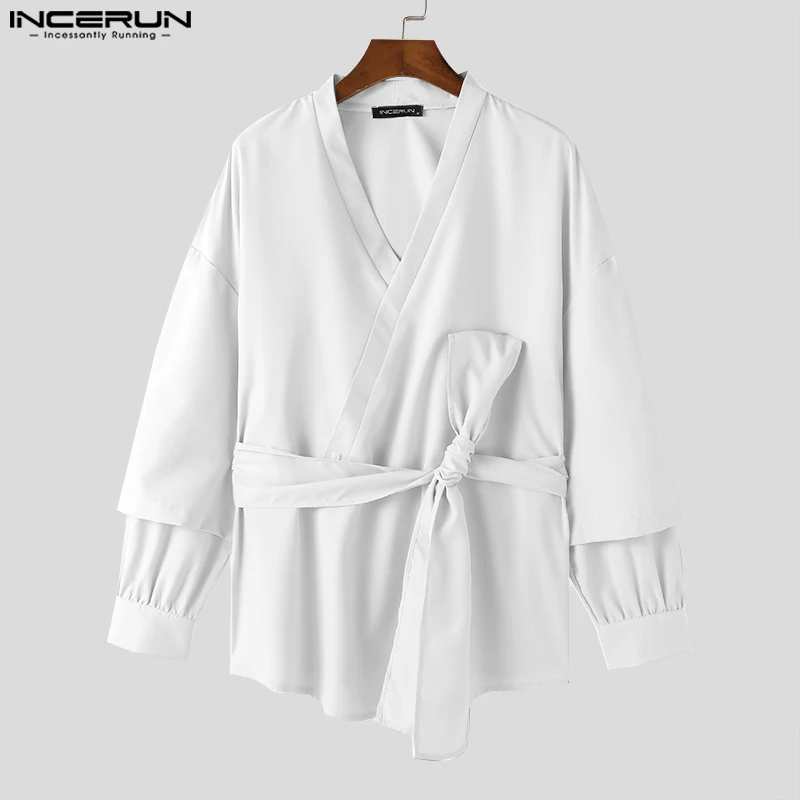 INCERUN Autumn Long Sleeve Solid Men Shirts Fashion V Neck Belt Chemise Tops Tee Streetwear Party Men Clothing Oversized S-5XL