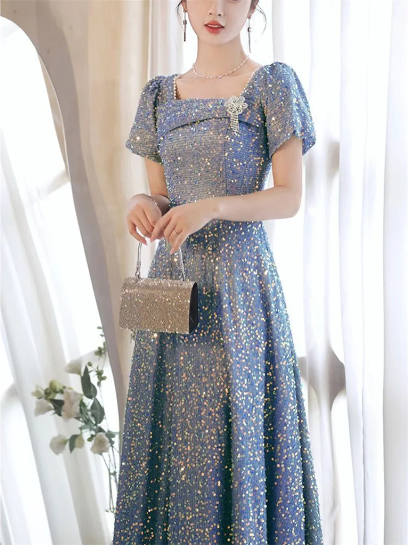 

Sweet Memory Short Sleeves Sequin Square Collar A-line Evening Dress Long Blue Wedding Guest Dresses Floor Length Gown