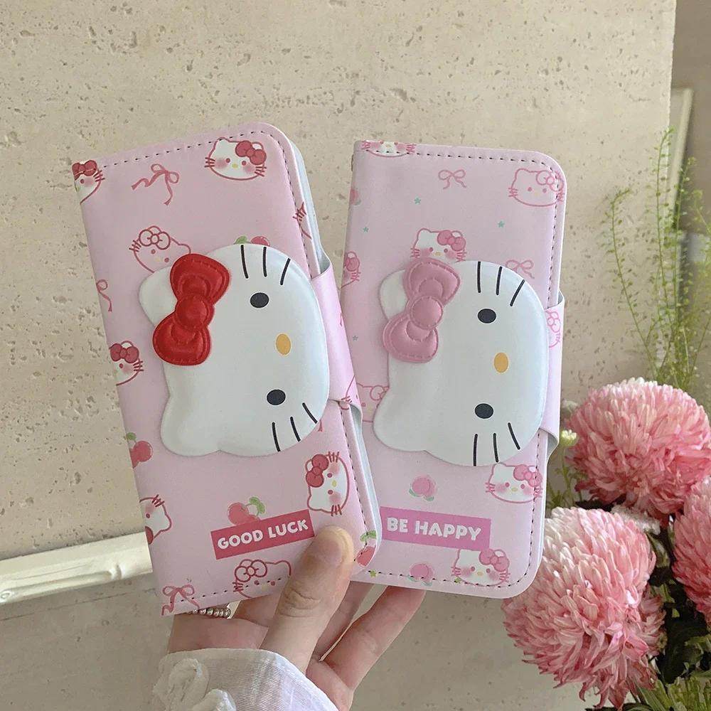 3D Kawaii Cherry Hello Kitty Folding Flap Leather Phone Case for IPhone 16 15 14 13 12 11 Pro Max Drop-resistant Back Cover Gift