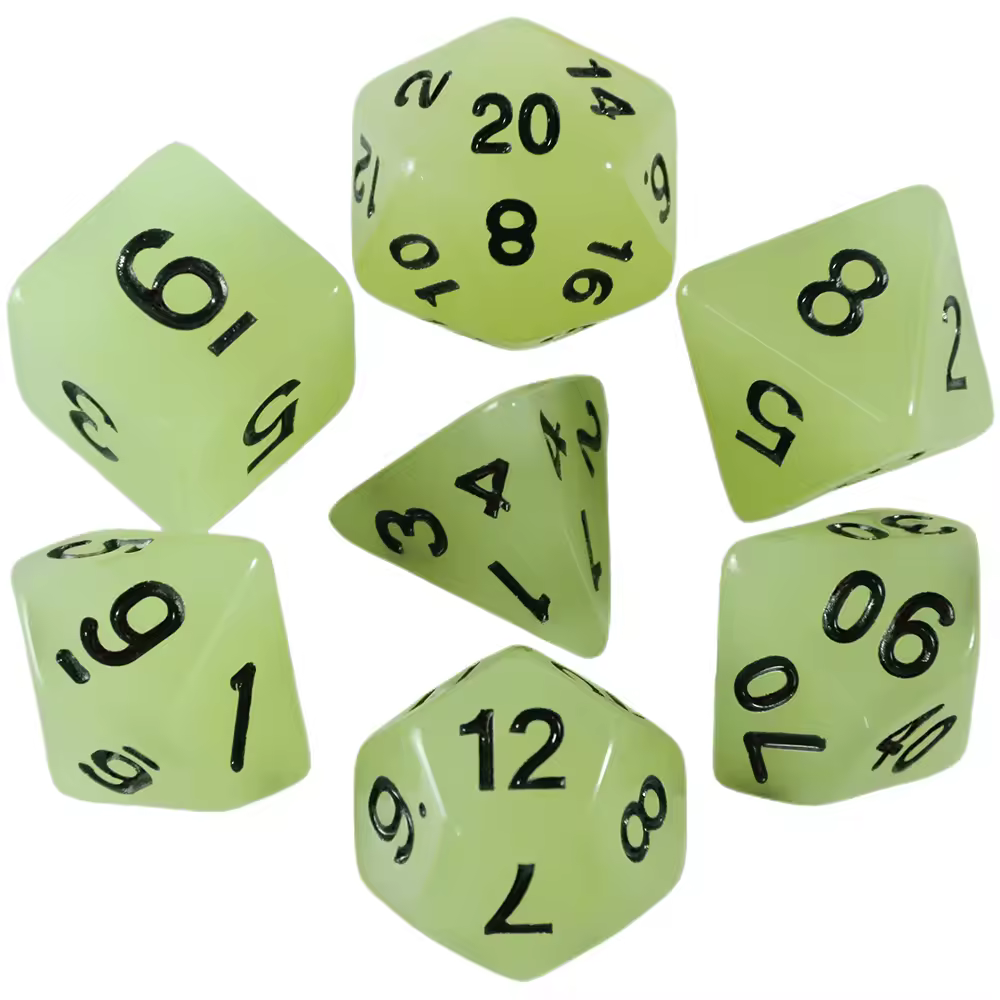 Juego de dados que brillan en la oscuridad D4,6,8,10,10%,12,20 para juego de mesa, venta al por mayor, 7 Uds./lote