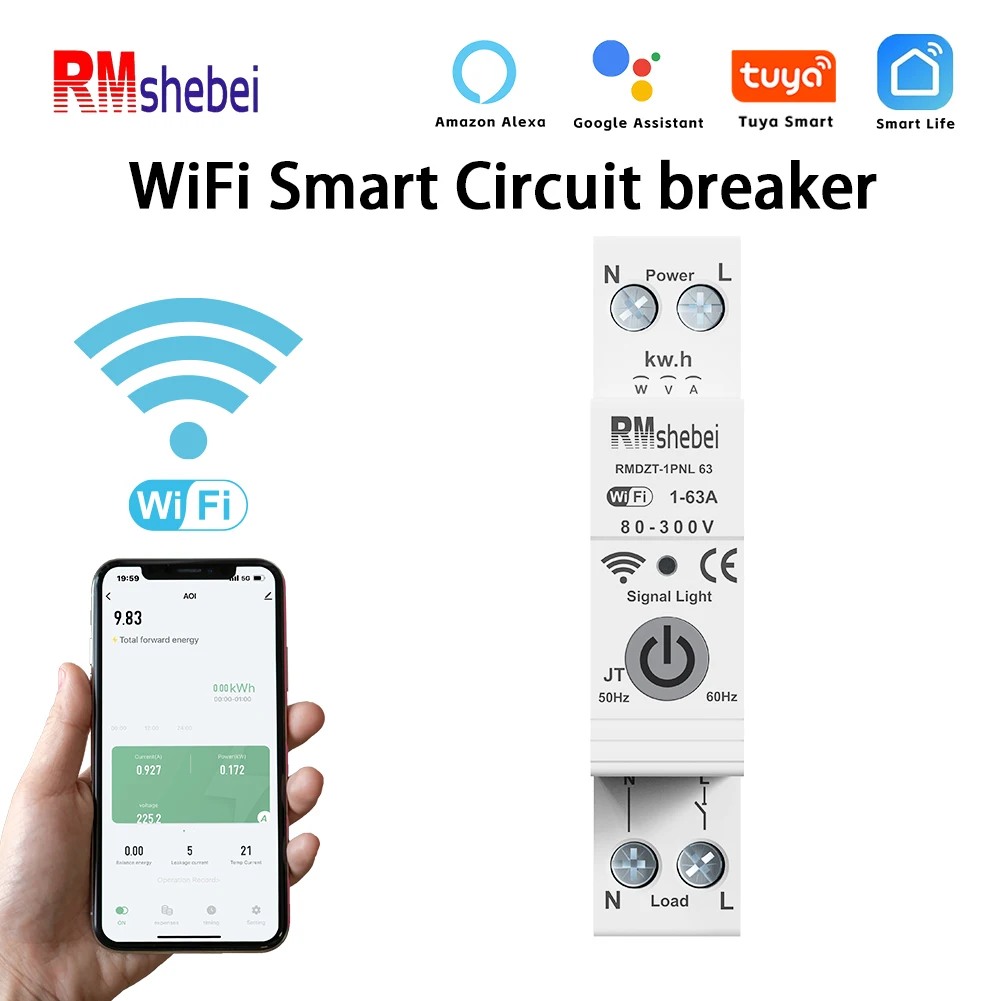 RMshebei Tuya Smart WiFi Disjuntor 1P + N 63A Interruptor de controle remoto Proteção contra sobrecarga de sobretensão e temperatura