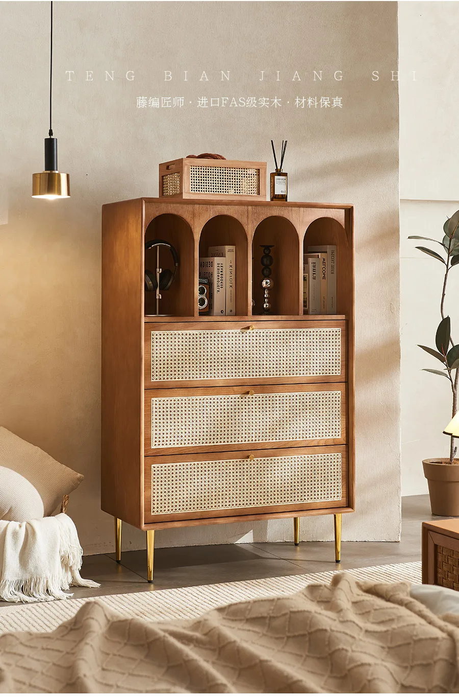 Retro solid wood rattan chest cabinet medium antique locker bookcase multi-functional entrance display cabinet wabi sandy wind