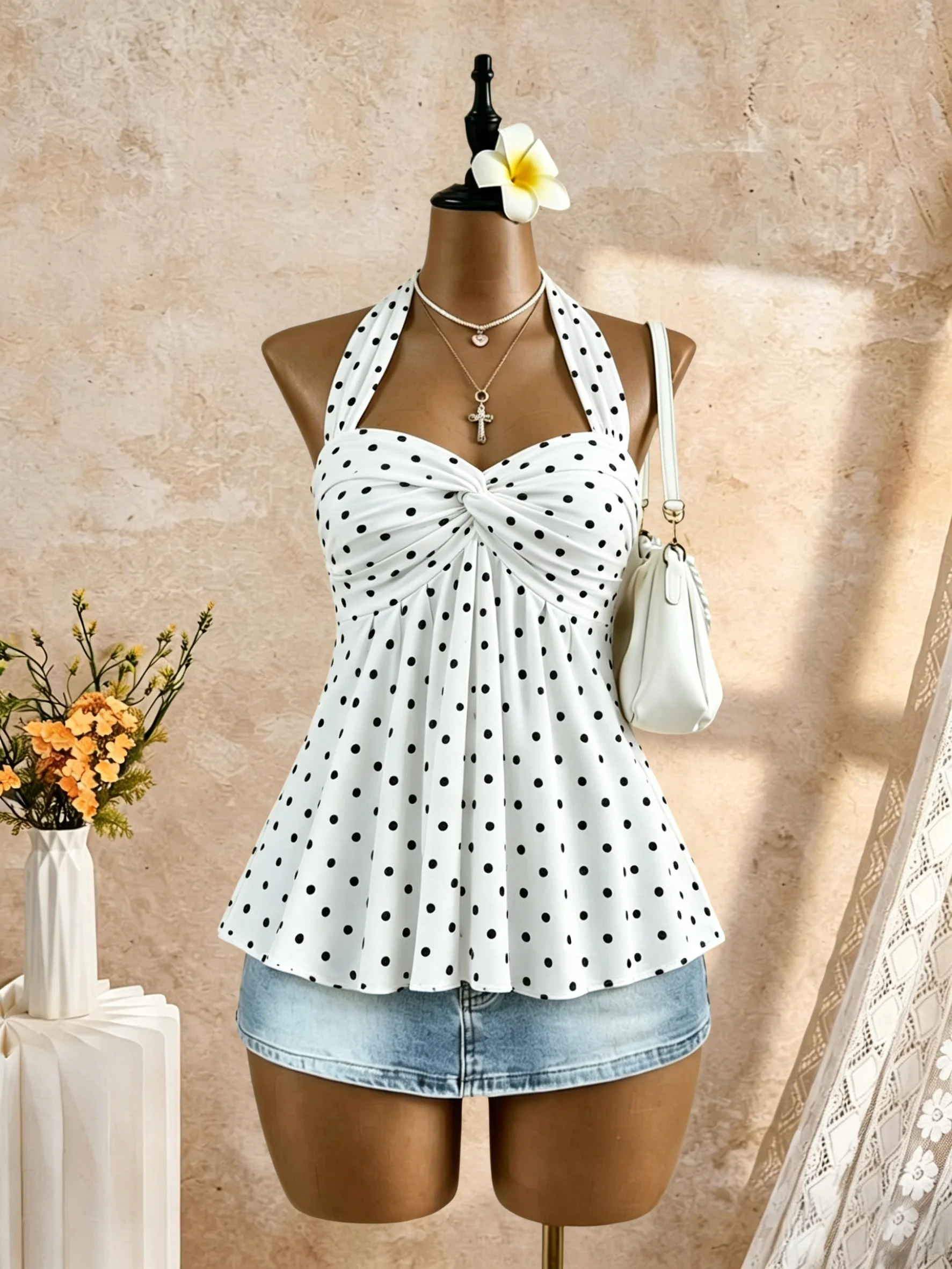 Damen Neckholder-Tanktop mit Twist-Front und Sweetheart-Ausschnitt, ausgestelltes Peplum-Design, Sommer 2026, Y2K, weich, einfarbig, für Strandurlaub, ärmellos – Detail 6