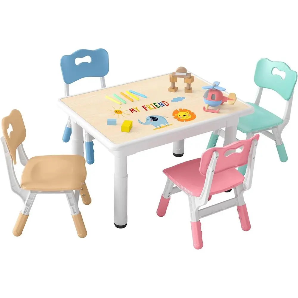 

Kids Table and 4 Chairs Set, Height-Adjustable Toddler Table and Chairs with Graiti Desktop, 31.5''L x 23.6''W Children Activity