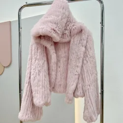 Autumn Winter Natural Fur Jacket Women Real Rabbit Fur Coat Hooded Flare Sleeves New Loose Manual Weave Quality Streetwear