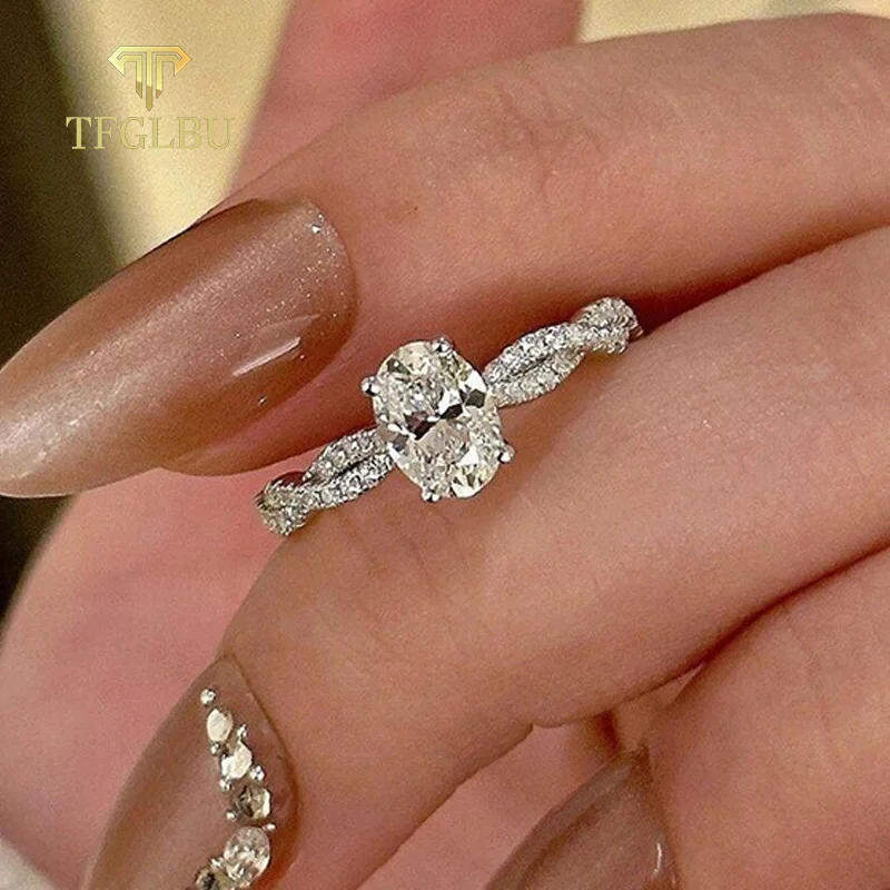 TFGLBU New D Vvs1 1ct Oval Cut Moissanite Ring for Women Cute 18k Plated Wedding Anniversary Party Band 925 Silver Jewelry Gift