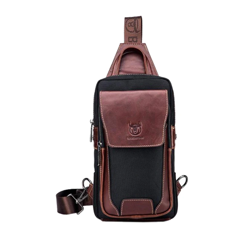 Bullcaptain Fashion Leather Crossbody Bags for Men Messenger Chest Bag Packs Travel Single Shoulder Strap Packs Brown