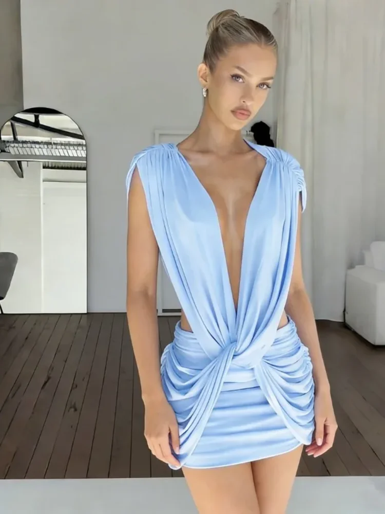 

Mozision Deep V Neck Sleeveless Sexy Mini Dress Women Elegant Hollow Out Backless High Waist Ruched Skinny Club Party Dresses