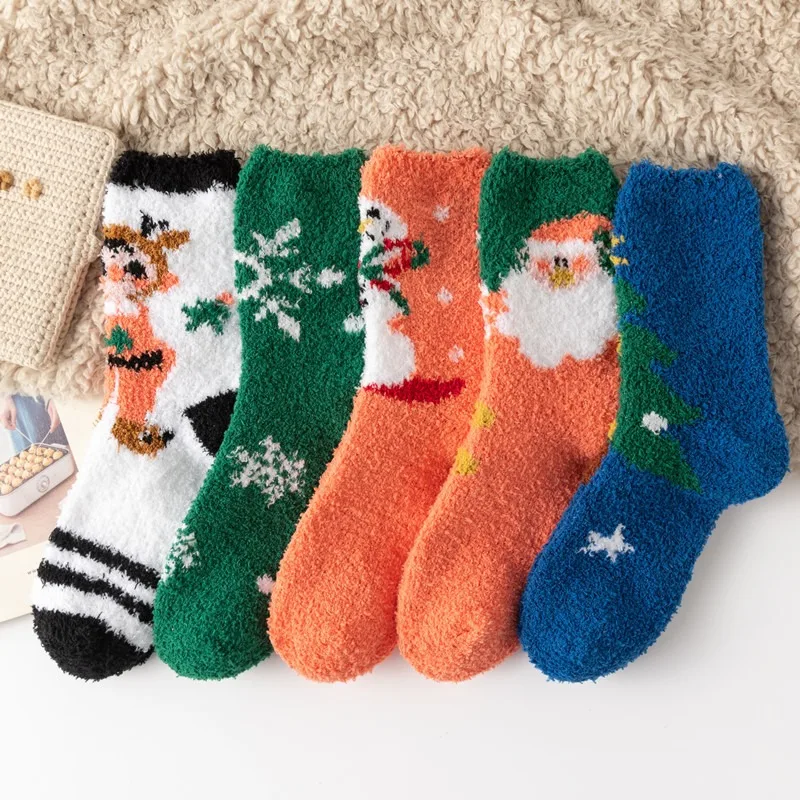 

5Pair Christmas Orange Stocking Children's Winter Thickened Warm Home Socks Coral Velvet Floor Socks