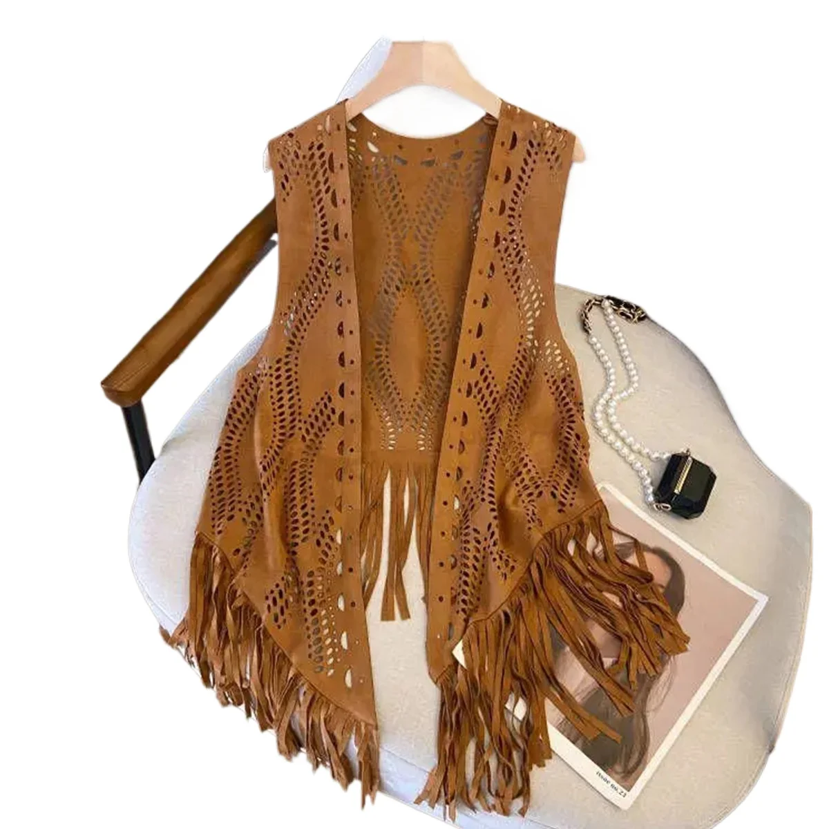 

TRAF Retro Slim Fringe Hollowed Out Thin Waistcoat Woman Fashion V-neck Sleeveless Vest Coat Chic Tops