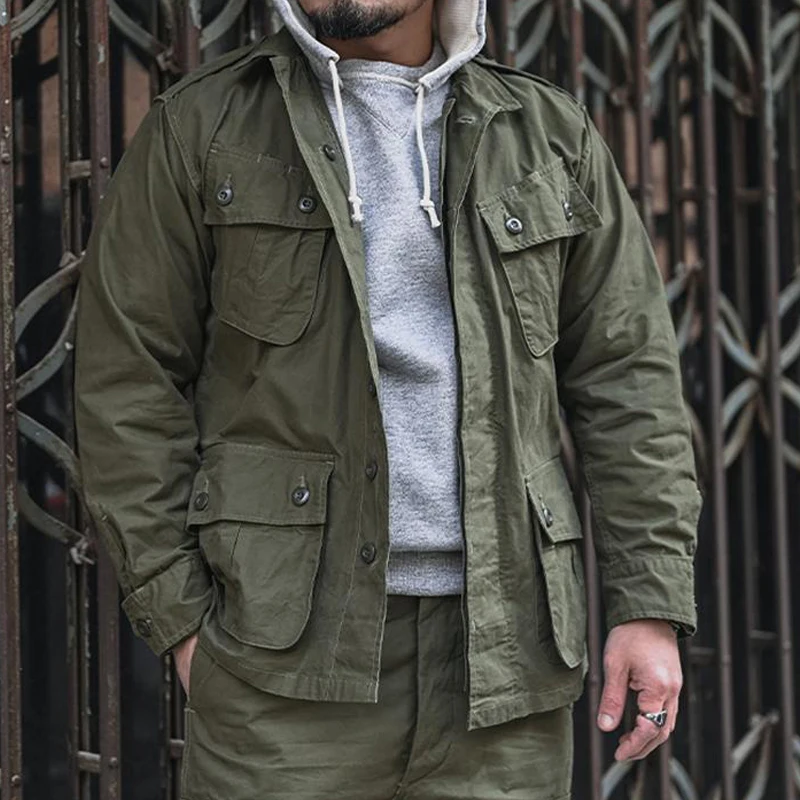 

High Quality Shirts for Men in Spring and Autumn Olive Green Pocket American Style Jackets