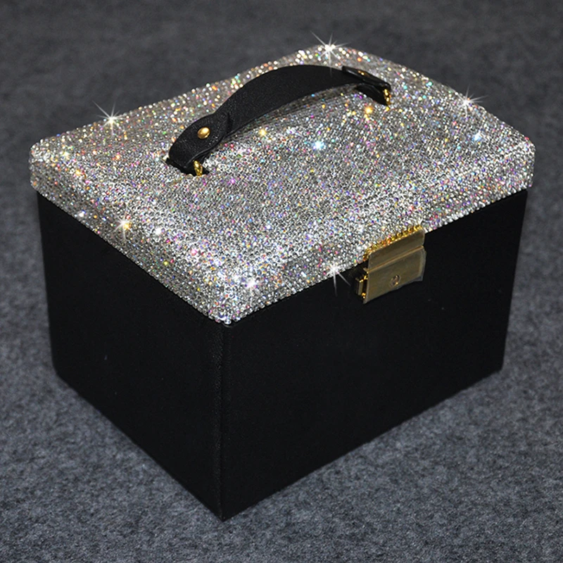 Jewelry Storage Box Three Layer PU Leather Multifunctional Jewelrry Case With Mirror Rhinestone Handle Organizer Showcase