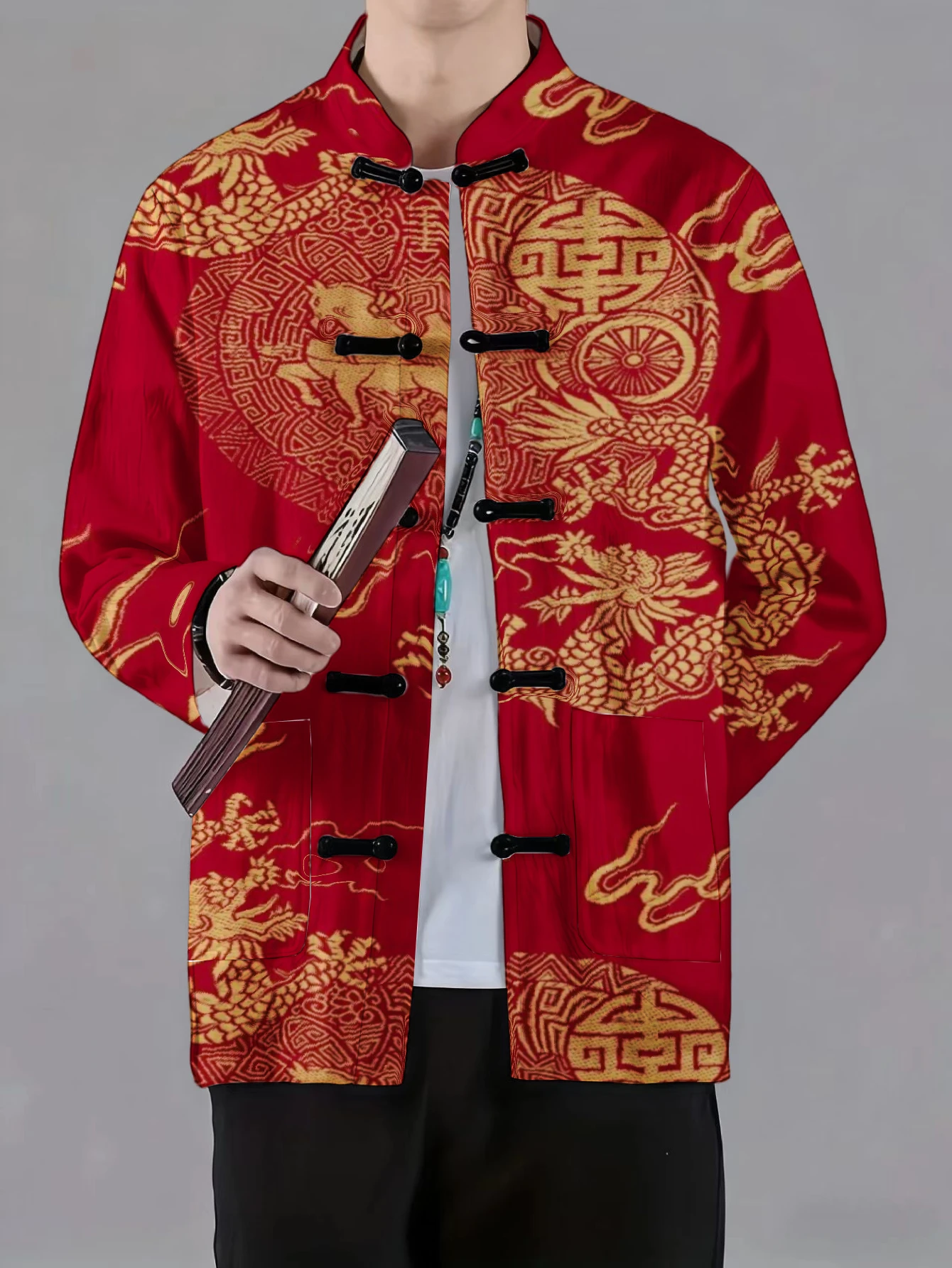 Men Mandarin Collar Frog Button Long Sleeve Jacket Vintage Chinese Character Butterfly Floral Auspicious Print Traditional Coat
