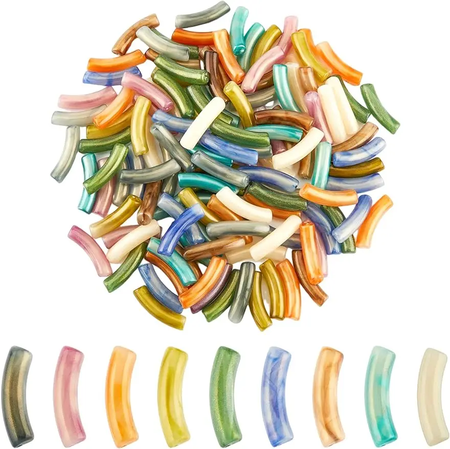 135Pcs 9Colors Curved Tube Acrylic Beads Chunky Bamboo Tube Beads 32mm/1.26in Long Noodle Slide Beads Opaque Spacer Loose